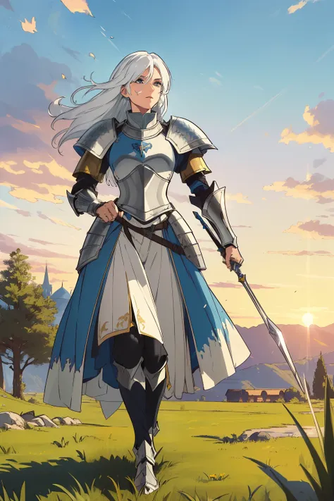 (best quality,4k,8k,highres,masterpiece:1.2), ultra detailed, medieval fantasy female knight, white hair, no armor, running, sunset, grass field, portrait