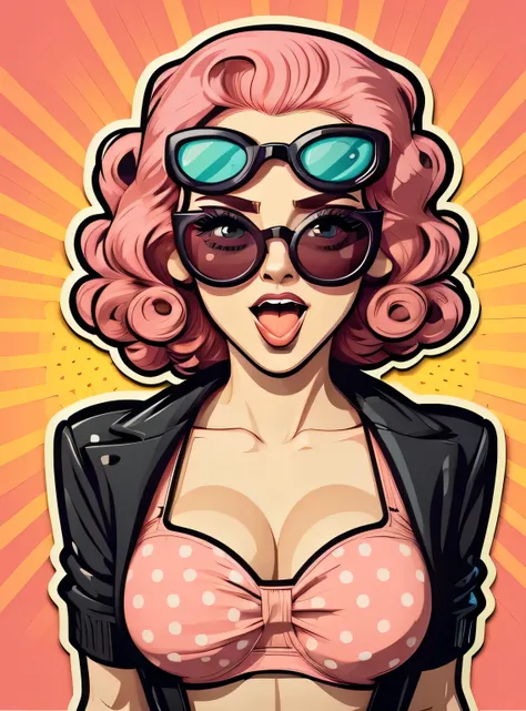 Adesivo Wow pop art face. woman with pink curly hair and open mouth and sunglasses , Vector background in pop art retro comic dots style