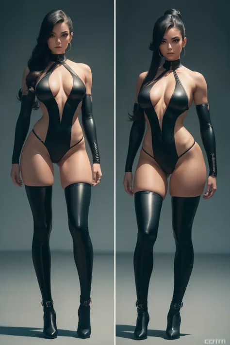 Jury, o personagem de Street Fighter, wearing her iconic classic look.Shes standing full body. (Shes dressed in a tight combat suit,corpo inteiro,cabelo liso preto e rosa, micro string bikini preto, Botas pretas e rosa Longas : 1.2)cyberpunk, highlighting ...