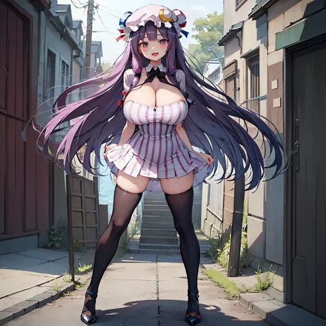 (Patchouli toho character), (standing at lakeside forest), outside, (standing with open legs wide:1.6), (arms behind back), (bending back), tiptoe, pigeon toed, BREAK, (disproportionately gigantic huge breasts:1.2), cleavage, inconceivably thin waist, very...