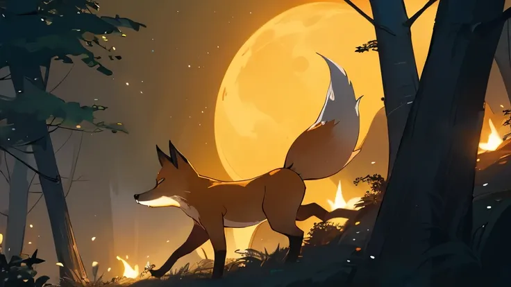 Detailed fox in the forest looking at the night sky. and the fireflies around the trees.