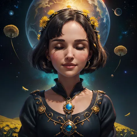 ((meio retrato))), (((Natalie Portman is praying with her eyes closed and smiling has short black hair with bangs is wearing a coat costume she is in a field of dandelions ))), (((Large blue planet and planets visible in the sky))), (((Amazing galaxy visib...