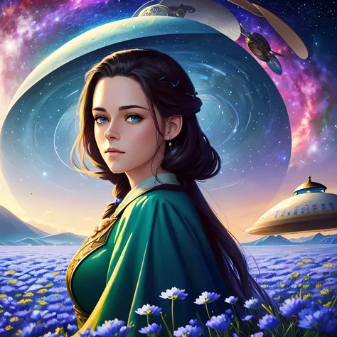 (meio retrato))) theres Kristen Stewart has green eyes intense brightness, has long straight hair straight black hair that is standing in a field of blue flowers, (((flying saucer is visible in the sky))),(((galaxy is visible in the background))), arte dig...