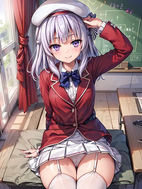 Super Detailed Game CG, (High resolution:1.1),(absurd:1.1), highest quality, 超High resolution, highest resolution, very detailed, (beautiful and detailed eyes:1.6), anime, 1 girl, , arisu, (light purple hair, gray hair, medium hair), Black beret, black hat...