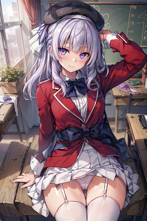 Super Detailed Game CG, (High resolution:1.1),(absurd:1.1), highest quality, 超High resolution, highest resolution, very detailed, (beautiful and detailed eyes:1.6), anime, 1 girl, , arisu, (light purple hair, gray hair, medium hair), Black beret, black hat...