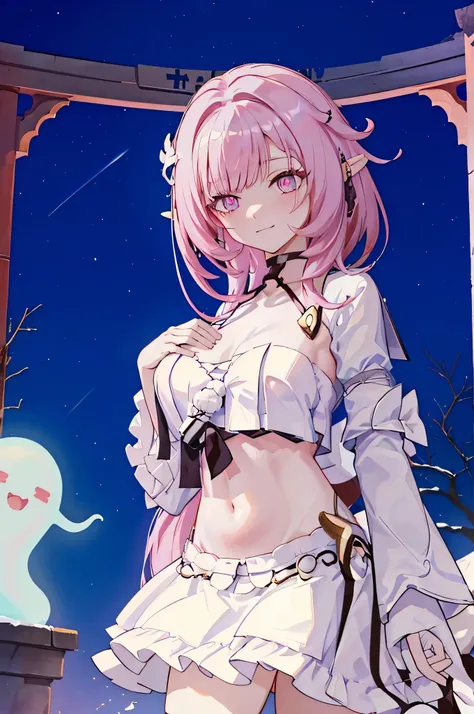 original character,8K, masterpiece, highest quality,become familiar with, Beautiful become familiar with Eyes,,cinematic composition,16 years old,1 snow girl,alone,pink eyes,pink hair, long hair,鋭いteeth,big breasts,(Show belly,Naked belly),(Only white Sera...