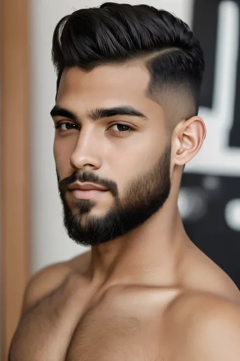 um homem jovem adulto com barba e cabelos longos ondulados pousa nu para a camara (melhor qualidade)), ((obra de arte)), (detalhado), rosto perfeito, 