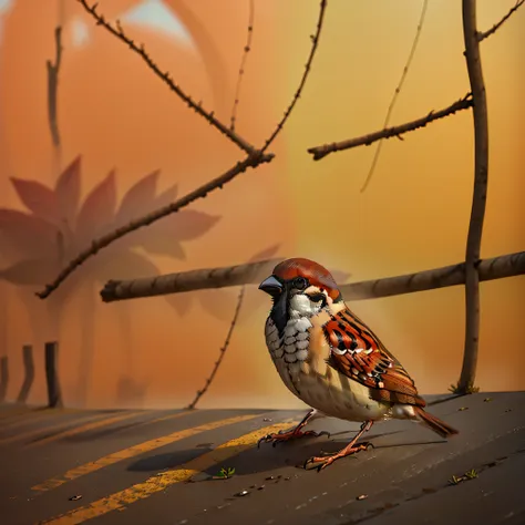 ultra high quality image, top view of a sparrow bird standing on a thin electric chrome wire at a huge height, on a busy street,...