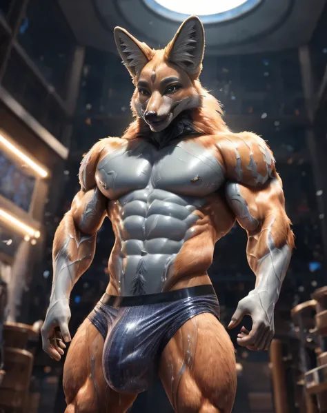 (mid_shot:1.3),(1 male:1.2),(muscle maned wolf:1.5),(frontal illumination:1.2),with a silver body and glitters with lights above,extreme iridescent reflection,in the style of vray tracing,vibrantmanga,shiny/ glossy,rococo pastel,fluid form,tinycore,fluid i...