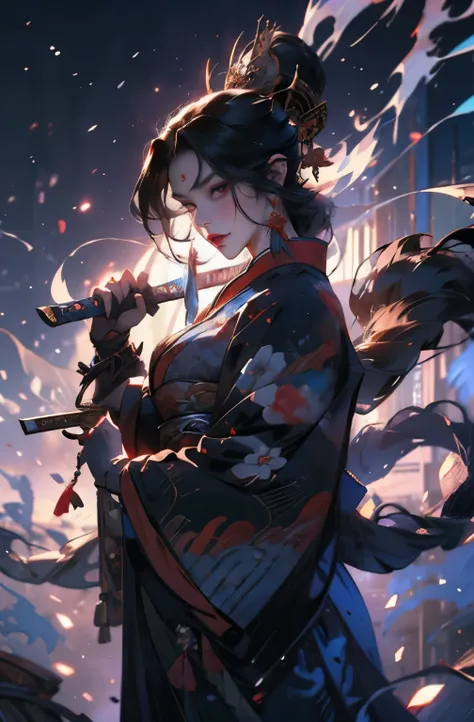 beautiful demon painting, Demon woman with a Japanese sword, Demon woman with a Japanese sword, strong female samurai, A skilled swordsman, female bodyguard, ２book corner, mouth with fangs, Eyes without pupils, gambling, Kumatori, Hyakka Ryōran, Flower of ...