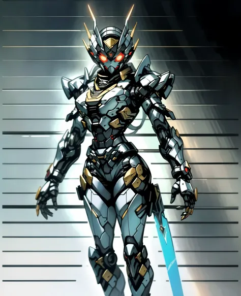 A woman adorned in fantasy-style full-body armor, a crown-concept fully enclosed helmet that unveils only her eyes, a composite layered chest plate, fully encompassing shoulder and hand guards, a lightweight waist armor, form-fitting shin guards, the overa...