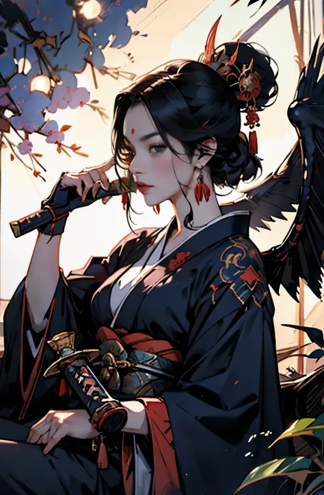 beautiful demon painting, Japanese swordを持った鬼の女, Japanese swordを振りかぶる鬼の女, Youki, queen of the red light district, fairy queen, Glossy appearance, strong female samurai, Japanese sword, Japanese sword, 抜身のJapanese sword, 長いJapanese sword, Japanese sword, Ja...