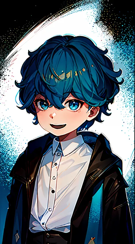 BestQuality:1.3, ultra detailed 8k cg, lighting forward, (dark circles in the eyes), blue hair, juvenile, black long tail jacket, (black eyes), white background, white shirt
