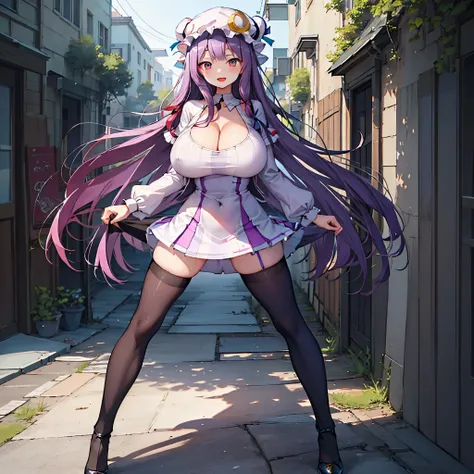 (Patchouli toho character), (standing at lakeside forest), outside, (standing with open legs wide:1.6), (arms behind back), (bending back), tiptoe, pigeon toed, BREAK, (disproportionately gigantic huge breasts:1.2), cleavage, inconceivably thin waist, very...