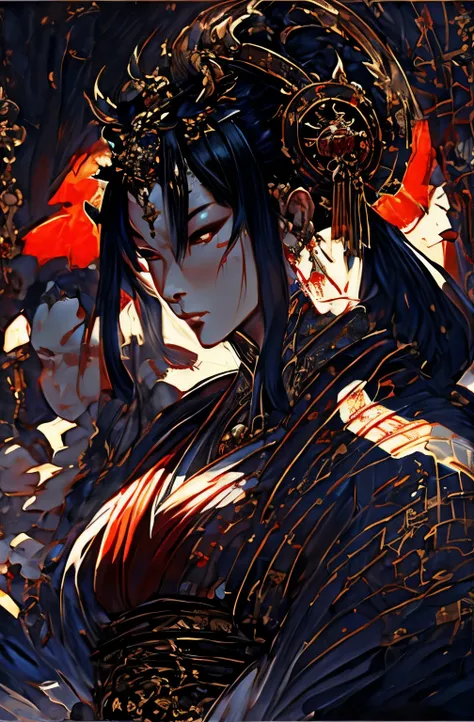 beautiful demon painting, demon woman with a sword, demon woman with a sword, strong female samurai, ２book corner, mouth with fangs, Eyes without pupils, gambling, Kumatori, Hyakka Ryōran, Flower of Shura, Looks like he&#39;s in his late 20s, beautiful bla...