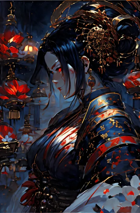 beautiful demon painting, demon woman with a sword, demon woman with a sword, strong female samurai, ２book corner, mouth with fangs, Eyes without pupils, gambling, Kumatori, Hyakka Ryōran, Flower of Shura, Looks like he&#39;s in his late 20s, beautiful bla...