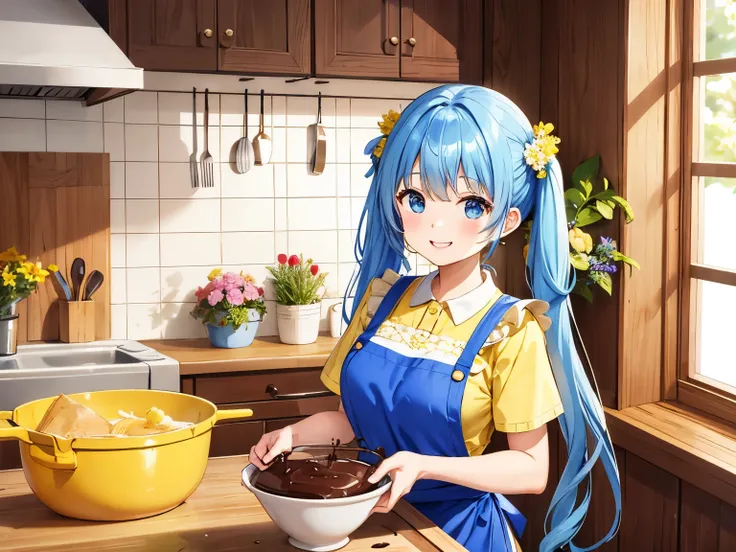 kitchen full of flowers、blue long hair、twin tails、A happy smile、yellow costume and floral apron、making chocolate for valentine、