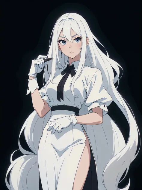 ((White hair)),((Head and Shoulders Image)),(super-long hair),Sexy,A person,Alone,Simple style,pancake ,Simple details,Black background,Empty background,Black background wall,(20 year old woman),(Droopy hair),(White Gloves),(Evening Gown),(Lace Shirt),Lace...