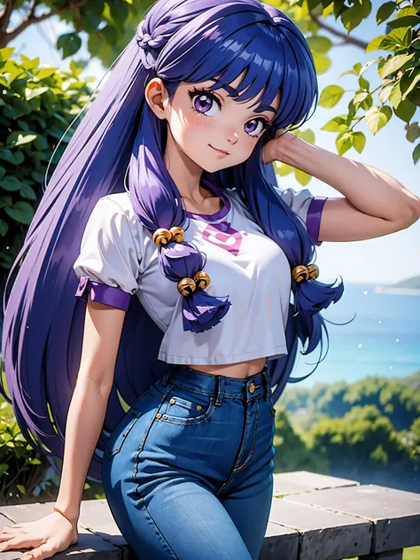 garota anime sorrindo cabelo purple longo, usando blusa purple e bermuda jeans e sexy, 16 anos, hands in hair, with your hands b...