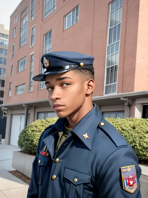 arafed man in a military hat and jacket standing in front of a building, wearing a navy blue utility cap, 1 / 2 headshot, profil...