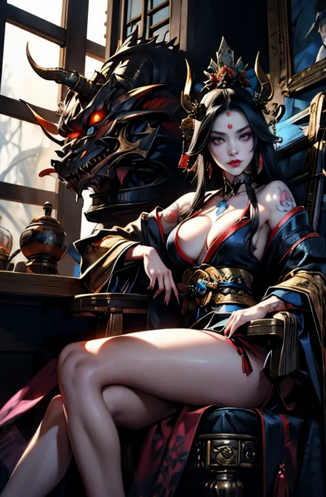 beautiful demon painting, knife剣を携えた鬼の女, knife, 妖knife, knife, strong female samurai, ２book corner, mouth with fangs, Eyes without pupils, gambling, Hyakka Ryōran, Flower of Shura, beautiful black haired demon, sharp beauty, Beautiful red kimono, Oiran, hi...