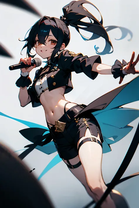 Like a visual kei band，Flashy costumes，Shorts，Thick sole，belt，black hair，side ponytail，long hair that reaches waist，Navel exposed，smile，Drooping eyes，Marume，White base，band pine，gothic rock，garter ring