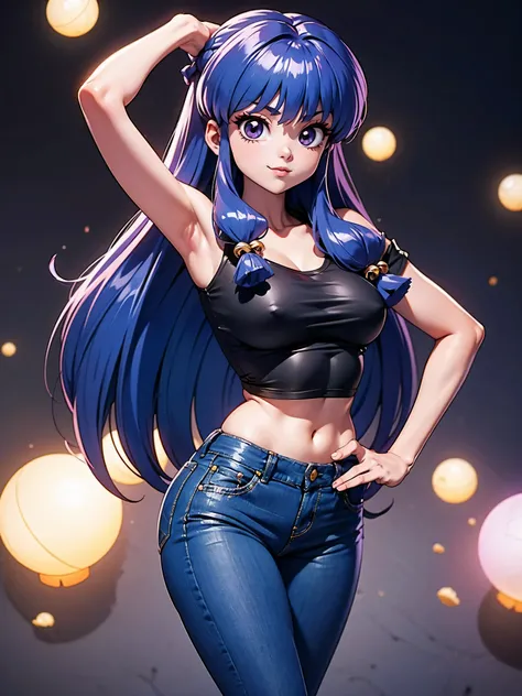 Garota anime sorrindo cabelo purple longo, usando blusa purple e bermuda jeans e sexy, 16 anos, hands in hair, WITH YOUR HANDS BEHIND YOUR HEAD, corpo bonito, seios grandes, cabelo roxo purple, long purple hair, garota sexy, purple hair long, gorgeous ligh...