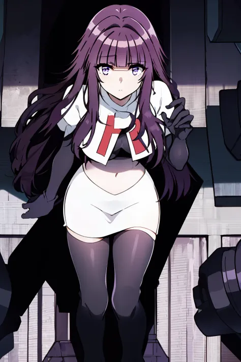 1girl, bangs, blunt_bangs, breasts, eyebrows_visible_through_hair, gloves, long_hair, looking_at_viewer, medium_breasts, purple_eyes, purple_hair, solo, very_long_hair, team rocket,team rocket uniform,white skirt,red letter R,crop top,black thigh-highs,bla...