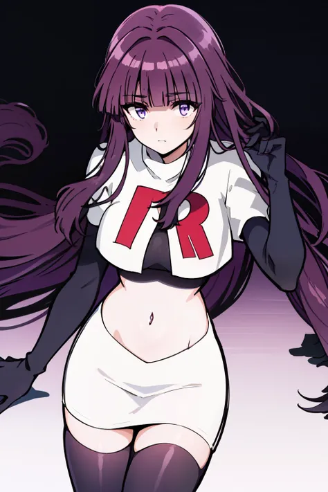 1girl, bangs, blunt_bangs, breasts, eyebrows_visible_through_hair, gloves, long_hair, looking_at_viewer, medium_breasts, purple_eyes, purple_hair, solo, very_long_hair, team rocket,team rocket uniform,white skirt,red letter R,crop top,black thigh-highs,bla...
