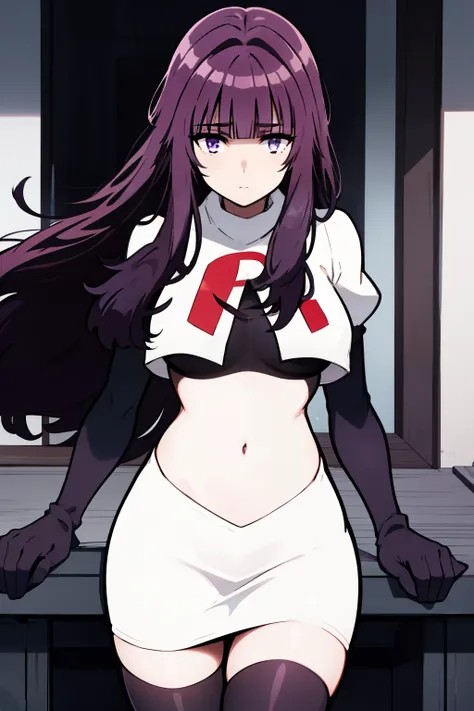 1girl, bangs, blunt_bangs, breasts, eyebrows_visible_through_hair, gloves, long_hair, looking_at_viewer, medium_breasts, purple_eyes, purple_hair, solo, very_long_hair, team rocket,team rocket uniform,white skirt,red letter R,crop top,black thigh-highs,bla...