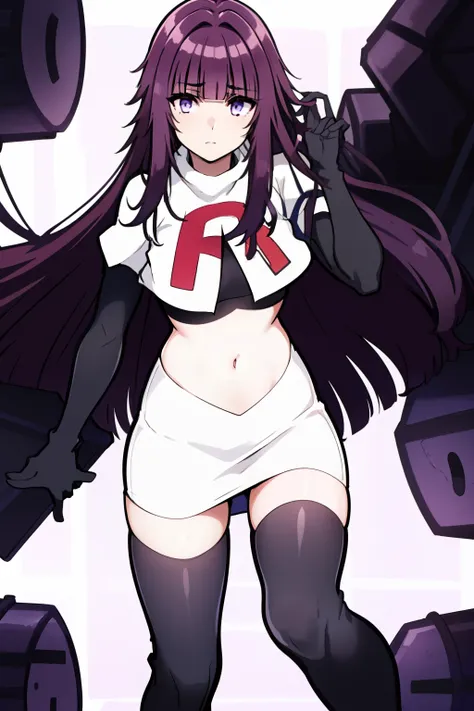 1girl, bangs, blunt_bangs, breasts, eyebrows_visible_through_hair, gloves, long_hair, looking_at_viewer, medium_breasts, purple_eyes, purple_hair, solo, very_long_hair, team rocket,team rocket uniform,white skirt,red letter R,crop top,black thigh-highs,bla...