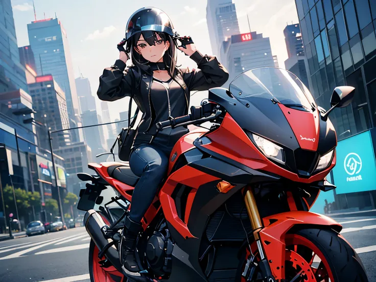 highest quality, 8K, masterpiece,1 girl, very cute girl,(Suko Kusanagi,), (black hair half helmet:1.5), (ride one bike,black red motorcycle,),Cyberpunk world,night city,neon,