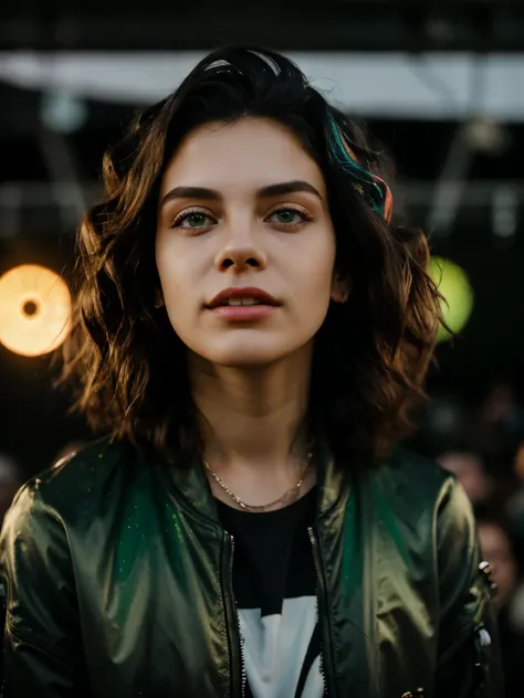 Realistic Portrait of A beautiful 22-year-old Brazilian woman, with white skin, piercing green eyes, and voluminous curly hair with colorful streaks, exudes a punk and sensual aura at an evening concert. She is dressed in punk-style clothing, standing out ...