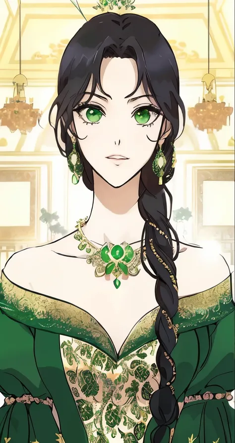 a woman in a green dress with long braids and green eyes, ((a beautiful fantasy empress)), royal elegant pose, rei hino as a princess, my dress up darling anime, emerald tiara and necklace, a beautiful fantasy empress, korean art nouveau anime, jade tiara ...