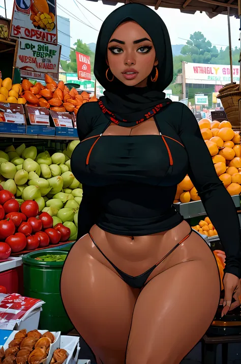 "a thick Malay woman(age 30),huge breasts,black hijab,black mini skirt,no panties,string bikini top,knee high boots,shopping in market,illustration,vivid colors,highres,physically-based rendering,detailed face features,beautiful eyes,detailed lips,expressi...