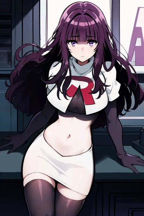 1girl, bangs, blunt_bangs, breasts, eyebrows_visible_through_hair, gloves, long_hair, looking_at_viewer, medium_breasts, purple_eyes, purple_hair, solo, very_long_hair, team rocket,team rocket uniform,white skirt,red letter R,crop top,black thigh-highs,bla...