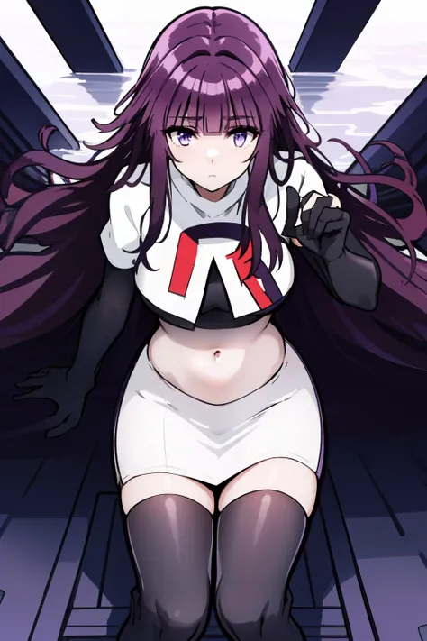 1girl, bangs, blunt_bangs, breasts, eyebrows_visible_through_hair, gloves, long_hair, looking_at_viewer, medium_breasts, purple_eyes, purple_hair, solo, very_long_hair, team rocket,team rocket uniform,white skirt,red letter R,crop top,black thigh-highs,bla...
