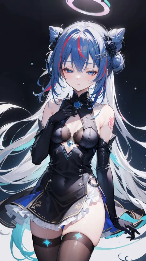 32k, 1girl, solo, long hair, breasts, bangs, hair ornament, thighhighs, gloves, dress, hair between eyes, bare shoulders, blue hair, closed eyes, flower, grey hair, multicolored hair, small breasts, frills, parted lips, black gloves, hair bun, black dress,...