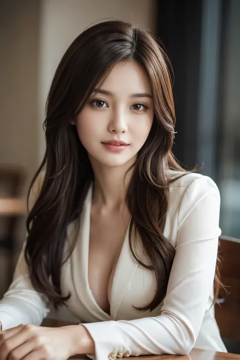 table top, highest quality, realistic, super detailed, finely, High resolution, 8k wallpaper, 1 beautiful woman,, light brown messy hair, wearing a business suit, sharp focus, perfect dynamic composition, beautiful and fine eyes, fine hair, Detailed realis...