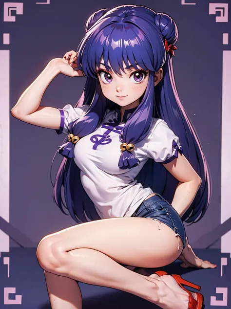 Garota anime sorrindo cabelo purple longo, usando blusa purple e bermuda jeans e sexy, 16 anos, hands in hair, WITH YOUR HANDS BEHIND YOUR HEAD, corpo bonito, seios grandes, cabelo roxo purple, long purple hair, garota sexy, purple hair long, gorgeous ligh...