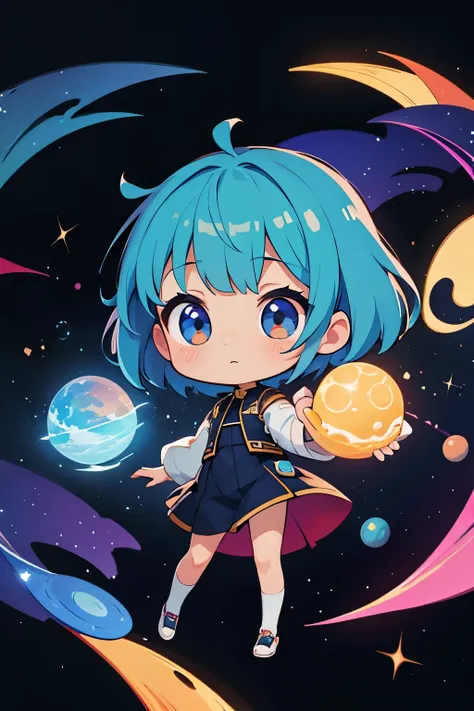 Chibi girl teaching cosmology、Galaxy painting on background