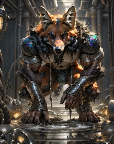 (mid_shot:1.3),(1 male:1.2),(muscle maned wolf:1.5),(frontal illumination:1.2),with a silver body and glitters with lights above,extreme iridescent reflection,in the style of vray tracing,vibrantmanga,shiny/ glossy,rococo pastel,fluid form,tinycore,fluid i...