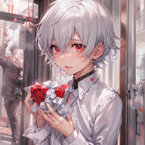 (perfect anatomy, masterpiece:1.2, best quality, 8k, beautiful detailed grow, daydreaming expression), break, ((holding Present beautifully wrapped Valentines Day chocolates)) (solo silver short hair divine girly boy, detailed red eyes), in a butler unifor...