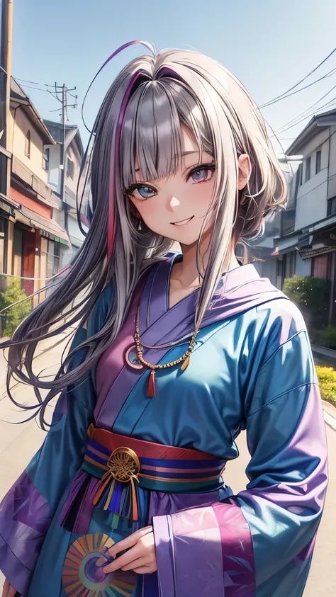 25 years old Japanese lady (( small breast, slender)), very short hair,((smooth curly hair)), (( rainbow colored ))(( various colors highlights)),(( so much shaggy forelock:1.4)), bluish purple shirt, wearing a blue hoodie((maple leaf patterns )), ((shiny ...