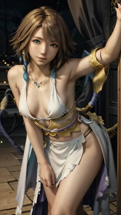 (masterpiece, highest quality:1.3)
Yuna FF10, 1 girl, alone, looking at the viewer, smile, short hair, blue eyes, brown hair, hair ornaments, green eyes, Are standing, whole body, , good, heterochromia, , Yuna (FF10)、全naked、All nude、naked、get down on all ...