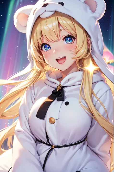 (High quality, High resolution, Fine details), (Fluffy white bear kigurumi), (Aurora Borealis), solo, curvy women, blond hair, sparkling eyes, (Detailed eyes:1.2), smile, blush, (Open mouth), (Hot Breath), shallow depth of field
