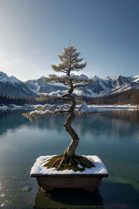 Craft a mesmerizing AI image showcasing the serene beauty of a winter landscape, where a breathtaking larch tree with bonsai-inspired features serves as the focal point. Standing gracefully by the icy shores of a tranquil lake, this miniature masterpiece c...