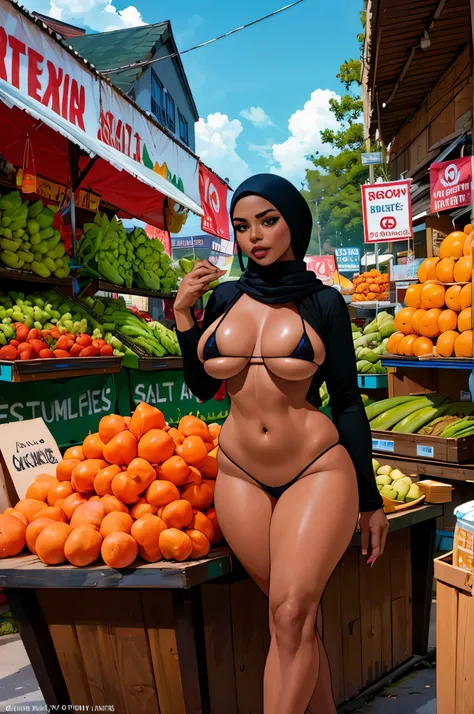 "a thick Malay woman(age 30),huge breasts,black hijab,black mini skirt,no panties,string bikini top,knee high boots,shopping in market,illustration,vivid colors,highres,physically-based rendering,detailed face features,beautiful eyes,detailed lips,expressi...