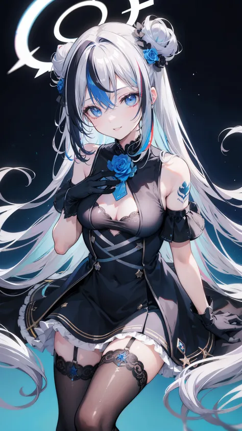 32k, 1girl, solo, long hair, breasts, bangs, hair ornament, thighhighs, gloves, dress, hair between eyes, bare shoulders, blue hair, flower, grey hair, multicolored hair, small breasts, frills, parted lips, black gloves, hair bun, black dress, streaked hai...