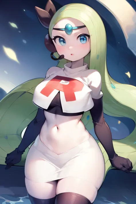 1girl, meloetta, pokemon (creature), white skin, blue eyes, team rocket,team rocket uniform,white skirt,red letter R,crop top,black thigh-highs,black elbow gloves